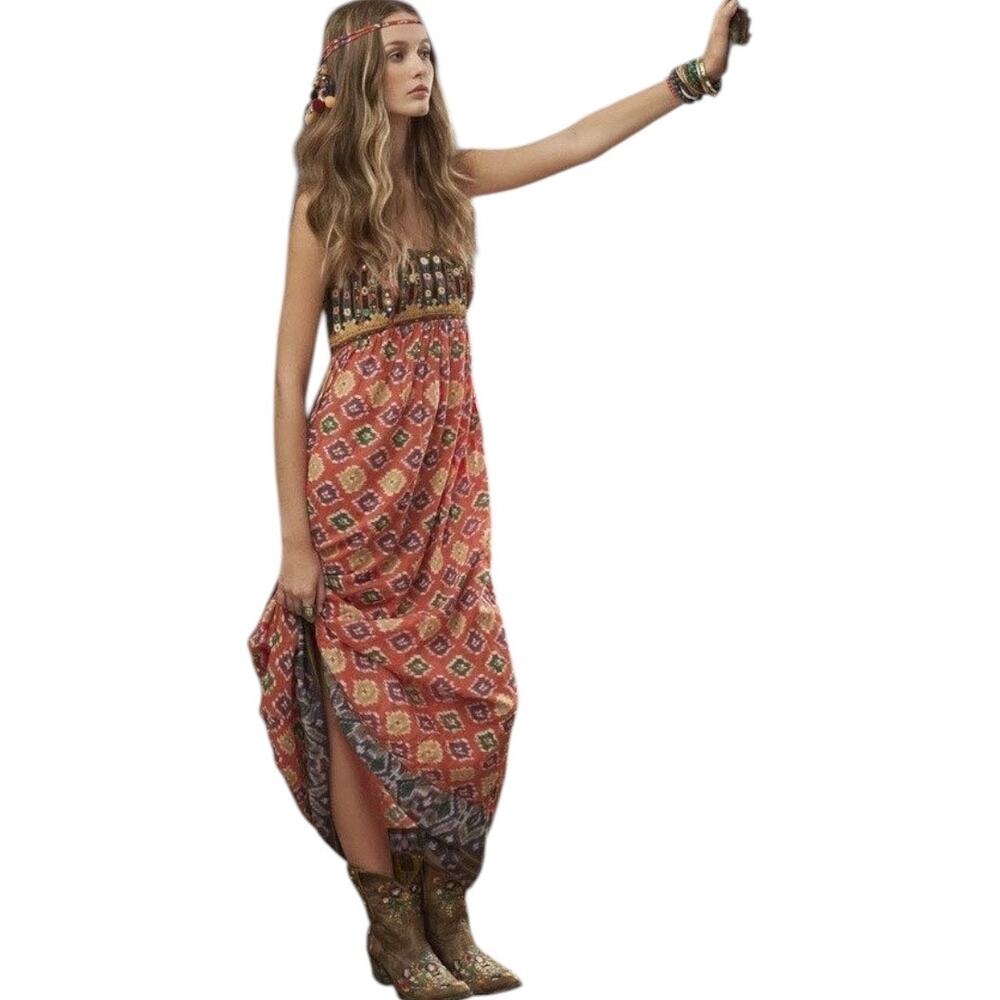 Denim & Supply Ralph Lauren Boho Embellished Maxi Dress Medium Mirrored Tassel